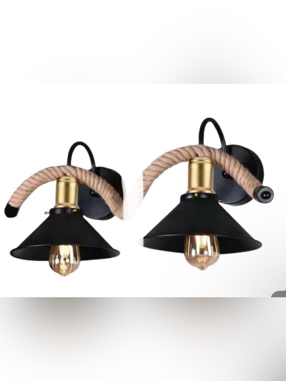 Set of 2 LOFT wall sconces Vintage  Hemp Rope  Industrial Retro Black LampShade